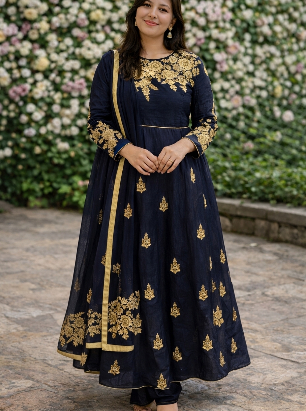 Anarkali Gown - Embroidered Anarkali Dhupia Silk Dress with Pant and Dupatta